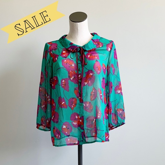 Modcloth Tie Neck Chiffon Poppy Print 